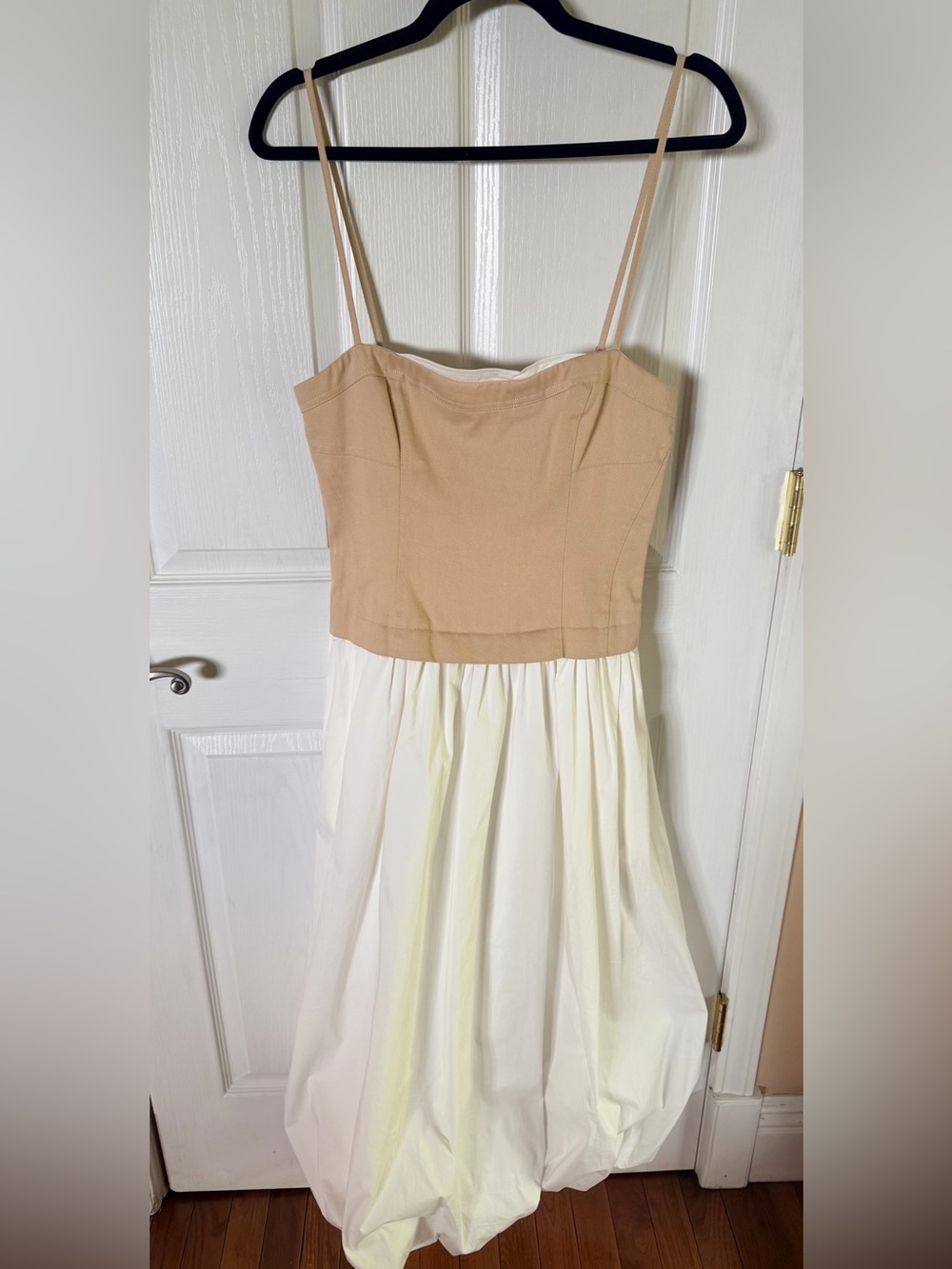 Line & Dot Strapless Beige Bodice White Bubble Skirt Dress